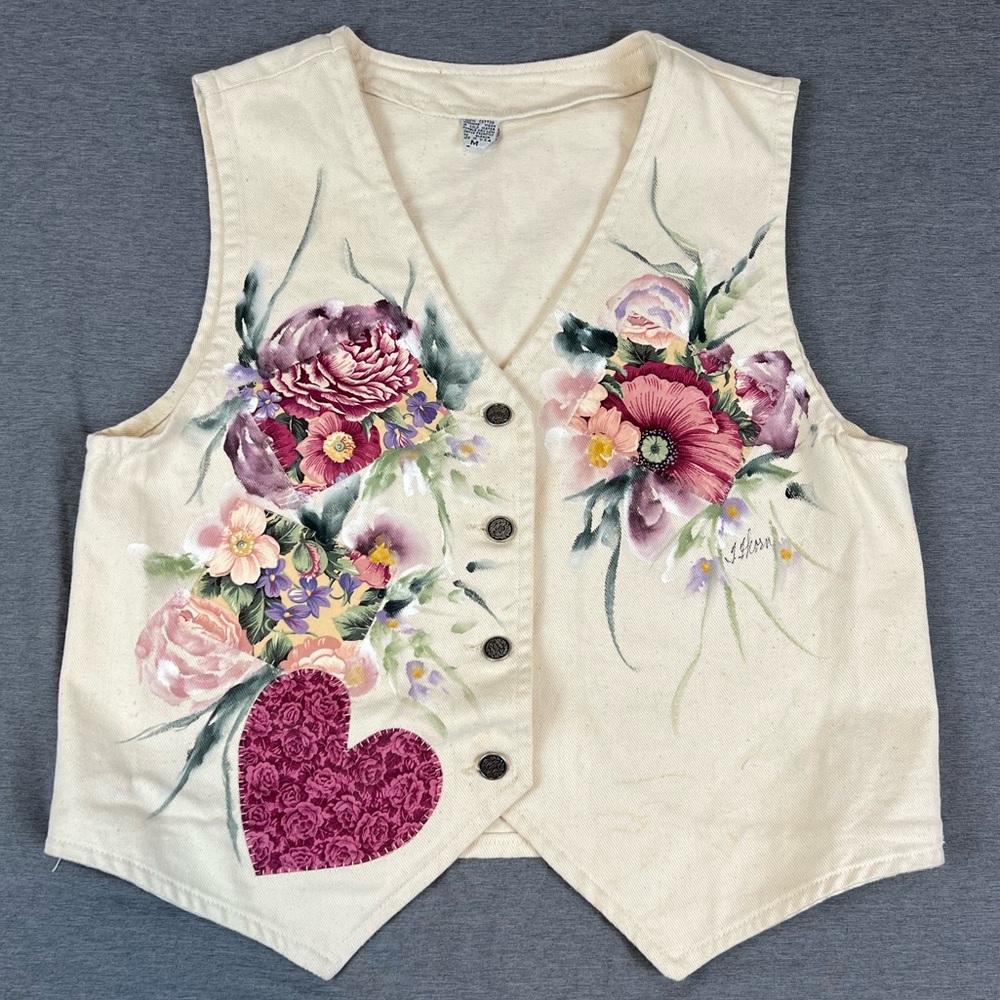 Vintage Hand Painted Floral Heart Button-Up Vest